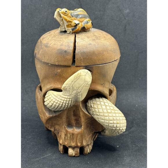 Old Hand Carved Wooden Skull Mini Humidor w Snake Japanese- App 4.5” Tall Read* - Picture 4 of 14